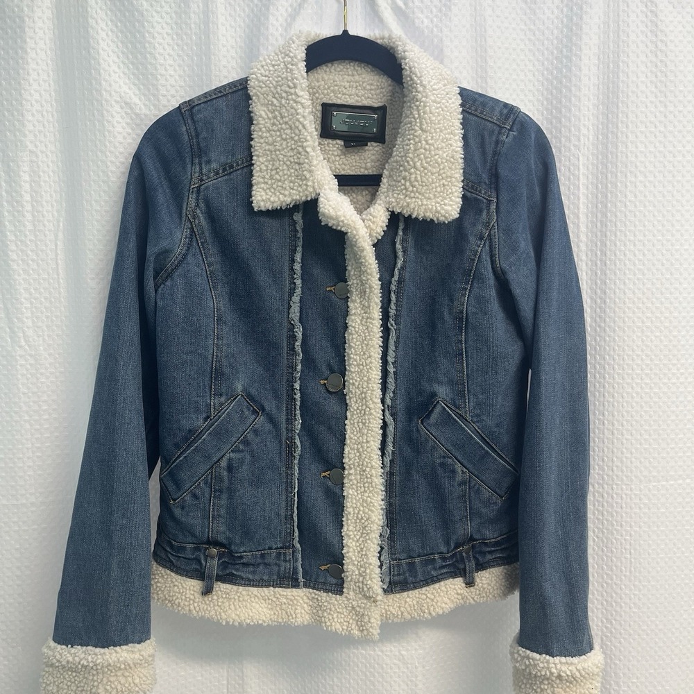 Vtg Joujou Blue Denim Sherpa Lined Cropped Trucker Jacket  L Indie Sleaze Y2K
